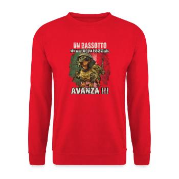 Lustiges Dackel-Motiv | Dackel-Fan | Teckel-Hunde - Unisex Pullover - Rot - Vorne - Alina (178cm) & Michal (187cm)