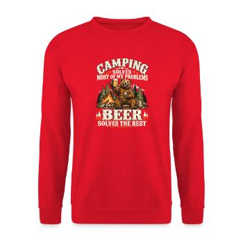 Camping Bär mit Bier – Beer Solves The Rest - Unisex Pullover - Rot - Vorne - Alina (178cm) & Michal (187cm)