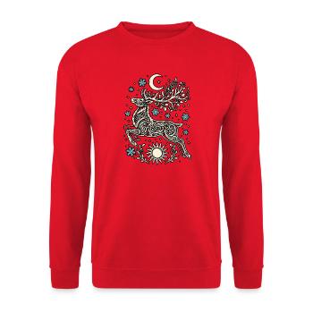 Yule Wintersonnenwende Weihnachten Hirsch Sonnenmond - Unisex Pullover - Rot - Vorne - Alina (178cm) & Michal (187cm)