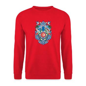 Tunesien | Mittelmeer & blaue Keramik - Unisex Pullover - Rot - Vorne - Alina (178cm) & Michal (187cm)