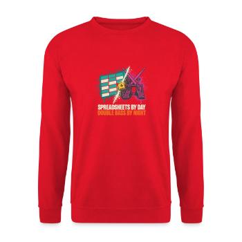 Spreadsheets am Tag, Double Bass bei Nacht - Unisex Pullover - Rot - Vorne - Alina (178cm) & Michal (187cm)