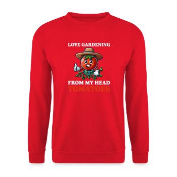 Love Gardening From My Head Tomaten-Wortspiel - Unisex Pullover - Rot - Vorne - Alina (178cm) & Michal (187cm)