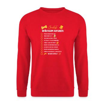 JGA Bräutigam Aufgaben Checkliste Lustiger Spruch - Unisex Pullover - Rot - Vorne - Alina (178cm) & Michal (187cm)