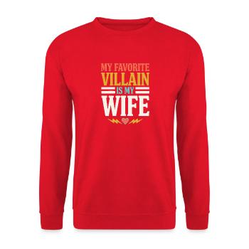 Mein Lieblingsbösewicht ist meine Frau – lustiges Zitat - Unisex Pullover - Rot - Vorne - Alina (178cm) & Michal (187cm)