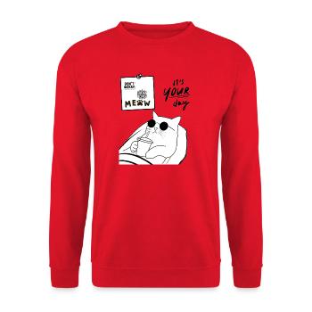 Dein Miautag: Entspann dich bei der Katze - Unisex Pullover - Rot - Vorne - Alina (178cm) & Michal (187cm)