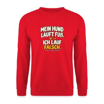 Mein Hund läuft Fuß – Ich lauf falsch - Unisex Pullover - Rot - Vorne - Alina (178cm) & Michal (187cm)