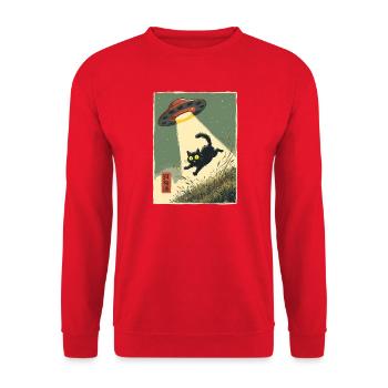 Katze UFO Entführung Japanisch Retro Alien - Unisex Pullover - Rot - Vorne - Alina (178cm) & Michal (187cm)