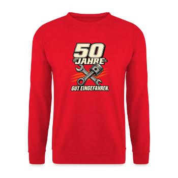 50 Jahre Gut Eingefahren Mechanik - Unisex Pullover - Rot - Vorne - Alina (178cm) & Michal (187cm)