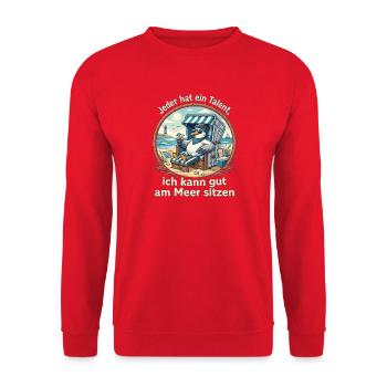 Talent am Meer – Möwe entspannt sitzt - Unisex Pullover - Rot - Vorne - Alina (178cm) & Michal (187cm)