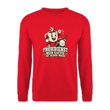 Frühdienst Kaffee Bereits Wach - Unisex Pullover - Rot - Vorne - Alina (178cm) & Michal (187cm)