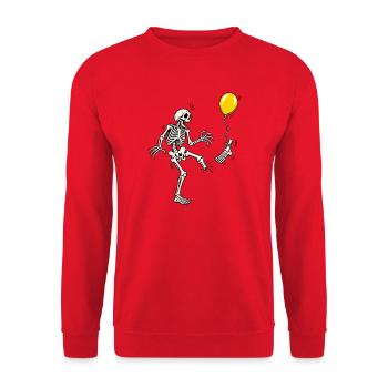 Tja, Scheiße, Skelett, fliegender Fuß, gelber Ballon-Meme - Unisex Pullover - Rot - Vorne - Alina (178cm) & Michal (187cm)