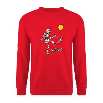 Tja, Scheiße, Skelett, fliegender Fuß, gelber Ballon-Meme - Unisex Pullover - Rot - Vorne - Alina (178cm) & Michal (187cm)