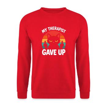 Mein Therapeut hat Cat Retro aufgegeben. - Unisex Pullover - Rot - Vorne - Alina (178cm) & Michal (187cm)
