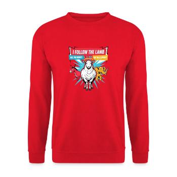 Ich folge dem Lamm, nicht dem Esel oder Elefanten - Unisex Pullover - Rot - Vorne - Alina (178cm) & Michal (187cm)