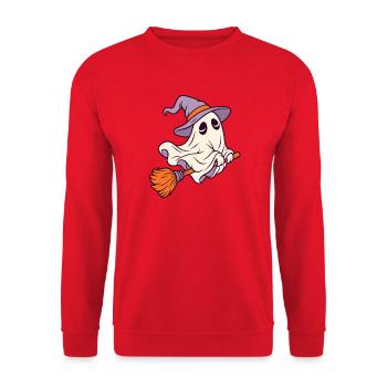 Geist auf Besen mit Hexenhut - Unisex Pullover - Rot - Vorne - Alina (178cm) & Michal (187cm)
