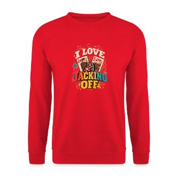  I Love Jacking Off Poker Karten und Spielkarten - Unisex Pullover - Rot - Vorne - Alina (178cm) & Michal (187cm)