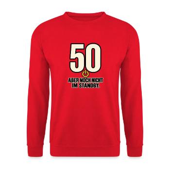 50, aber noch nicht im Standby - Unisex Pullover - Rot - Vorne - Alina (178cm) & Michal (187cm)