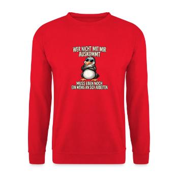 Pinguin mit Sonnenbrille – Arbeitsspruch - Unisex Pullover - Rot - Vorne - Alina (178cm) & Michal (187cm)