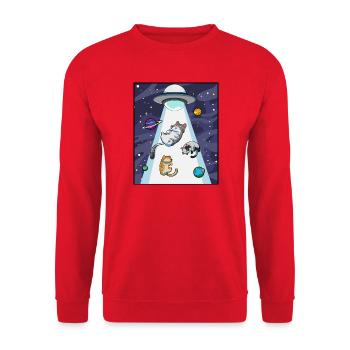 Katze UFO Entführung - Unisex Pullover - Rot - Vorne - Alina (178cm) & Michal (187cm)