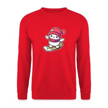 Cartoon Snowboard Schneemann - Unisex Pullover - Rot - Vorne - Alina (178cm) & Michal (187cm)