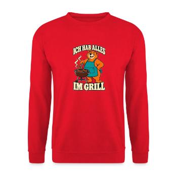 Ich hab alles im Grill – Grillbär Grillmeister - Unisex Pullover - Rot - Vorne - Alina (178cm) & Michal (187cm)