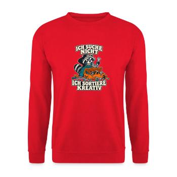 Waschbär – Ich suche nicht, ich sortiere kreativ - Unisex Pullover - Rot - Vorne - Alina (178cm) & Michal (187cm)