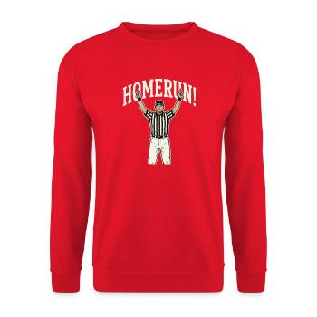 Homerun – Lustiger Baseball-Football-Mashup-Humor - Unisex Pullover - Rot - Vorne - Alina (178cm) & Michal (187cm)