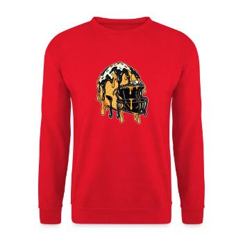 Tropfender Fußballhelm – Schwarz-Gold-Spieler - Unisex Pullover - Rot - Vorne - Alina (178cm) & Michal (187cm)