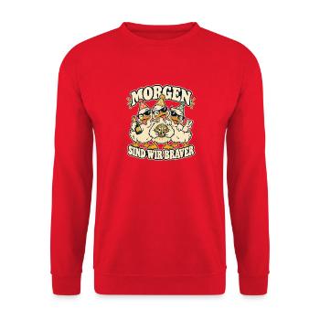 Morgen sind wir braver – Enten JGA Party - Unisex Pullover - Rot - Vorne - Alina (178cm) & Michal (187cm)
