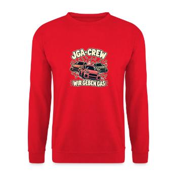JGA-Crew – Wir geben Gas – Autos Party - Unisex Pullover - Rot - Vorne - Alina (178cm) & Michal (187cm)