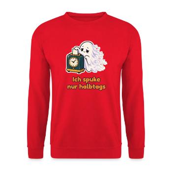 Ich spuke nur halbtags – Geist mit Stempelkarte - Unisex Pullover - Rot - Vorne - Alina (178cm) & Michal (187cm)