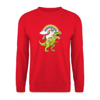 Einhorn reitet auf T-Rex unter Regenbogen - Unisex Pullover - Rot - Vorne - Alina (178cm) & Michal (187cm)
