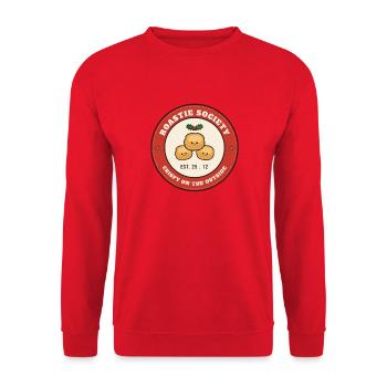 Roastie Society: Äußerlich knusprig - Unisex Pullover - Rot - Vorne - Alina (178cm) & Michal (187cm)