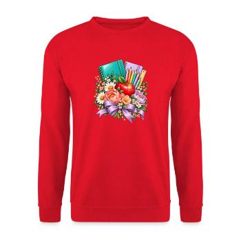 Lehrerin Geschenk Blumen Notizbuch und Apfel - Unisex Pullover - Rot - Vorne - Alina (178cm) & Michal (187cm)