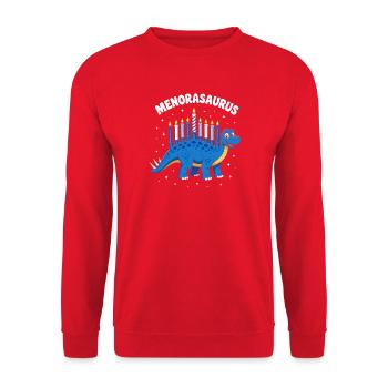  Menorasaurus Hanukkah Dinosaurier Menora - Unisex Pullover - Rot - Vorne - Alina (178cm) & Michal (187cm)