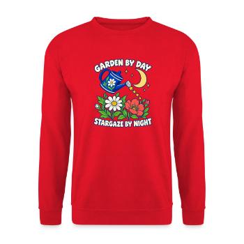 Garten am Tag, Sternenbeobachtung bei Nacht - Unisex Pullover - Rot - Vorne - Alina (178cm) & Michal (187cm)