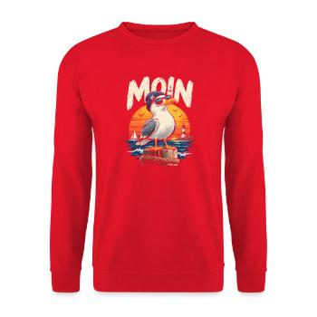 Möwe im Sonnenuntergang am Kai - Unisex Pullover - Rot - Vorne - Alina (178cm) & Michal (187cm)