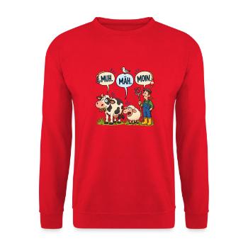 Muh Mäh Moin – Norddeutscher Bauernhof mit Humor!! - Unisex Pullover - Rot - Vorne - Alina (178cm) & Michal (187cm)