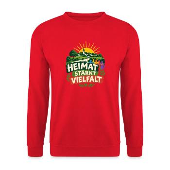 HEIMAT STÄRKT VIELFALT – Dorf gegen Ausgrenzung - Unisex Pullover - Rot - Vorne - Alina (178cm) & Michal (187cm)