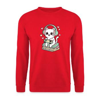 Pixel Paws – Gamer-Katze mit Headset - Unisex Pullover - Rot - Vorne - Alina (178cm) & Michal (187cm)