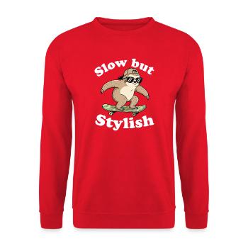 Langsam aber Stilvoll Faultier Skate - Unisex Pullover - Rot - Vorne - Alina (178cm) & Michal (187cm)