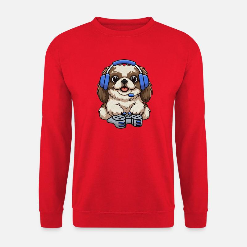 Pekinese Hund beim Gamen - Unisex Pullover - Rot