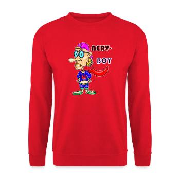 Nerv‑Boy – Schrulliger Antiheld Cartoon - Unisex Pullover - Rot - Vorne - Alina (178cm) & Michal (187cm)