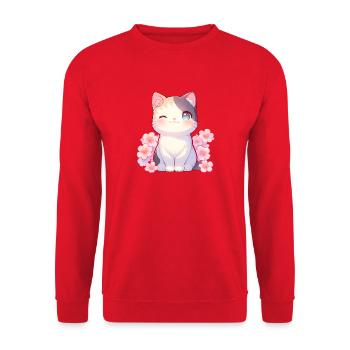 Kawaii Zwinkernde Katze Sakura Japan Style - Unisex Pullover - Rot - Vorne - Alina (178cm) & Michal (187cm)