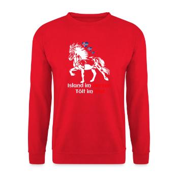 Island im Herzen Tölt im Blut - Islandpferdefans - Unisex Pullover - Rot - Vorne - Alina (178cm) & Michal (187cm)