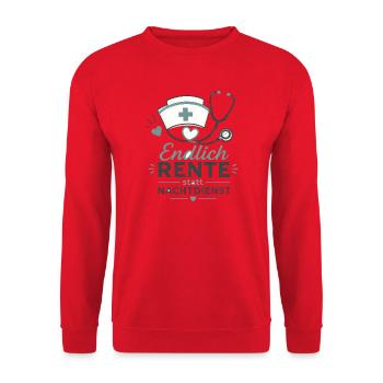 Endlich in Rente – Krankenschwester & Stethoskop - Unisex Pullover - Rot - Vorne - Alina (178cm) & Michal (187cm)