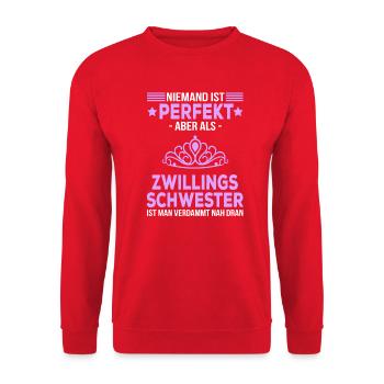 Zwillingsschwester Geschenk Zwilling Spruch lustig - Unisex Pullover - Rot - Vorne - Alina (178cm) & Michal (187cm)
