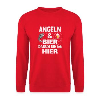 Angeln und Bier darum bin ich hier - Unisex Pullover - Rot - Vorne - Alina (178cm) & Michal (187cm)