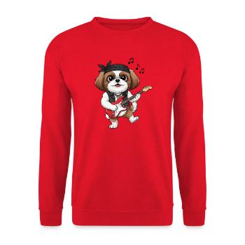 Pfotenrocker: Hund mit E-Gitarre - Unisex Pullover - Rot - Vorne - Alina (178cm) & Michal (187cm)