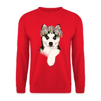 Husky mit Blumenkrone - Unisex Pullover - Rot - Vorne - Alina (178cm) & Michal (187cm)